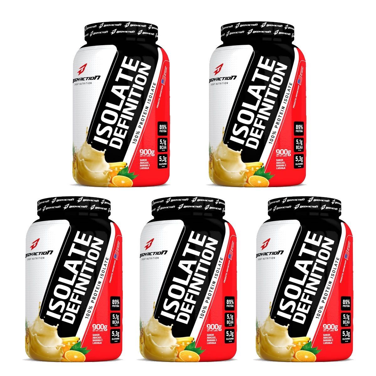 Kit 5X Whey Isolate Definition - 900g Abacaxi, Banana, Laranja - BodyAction