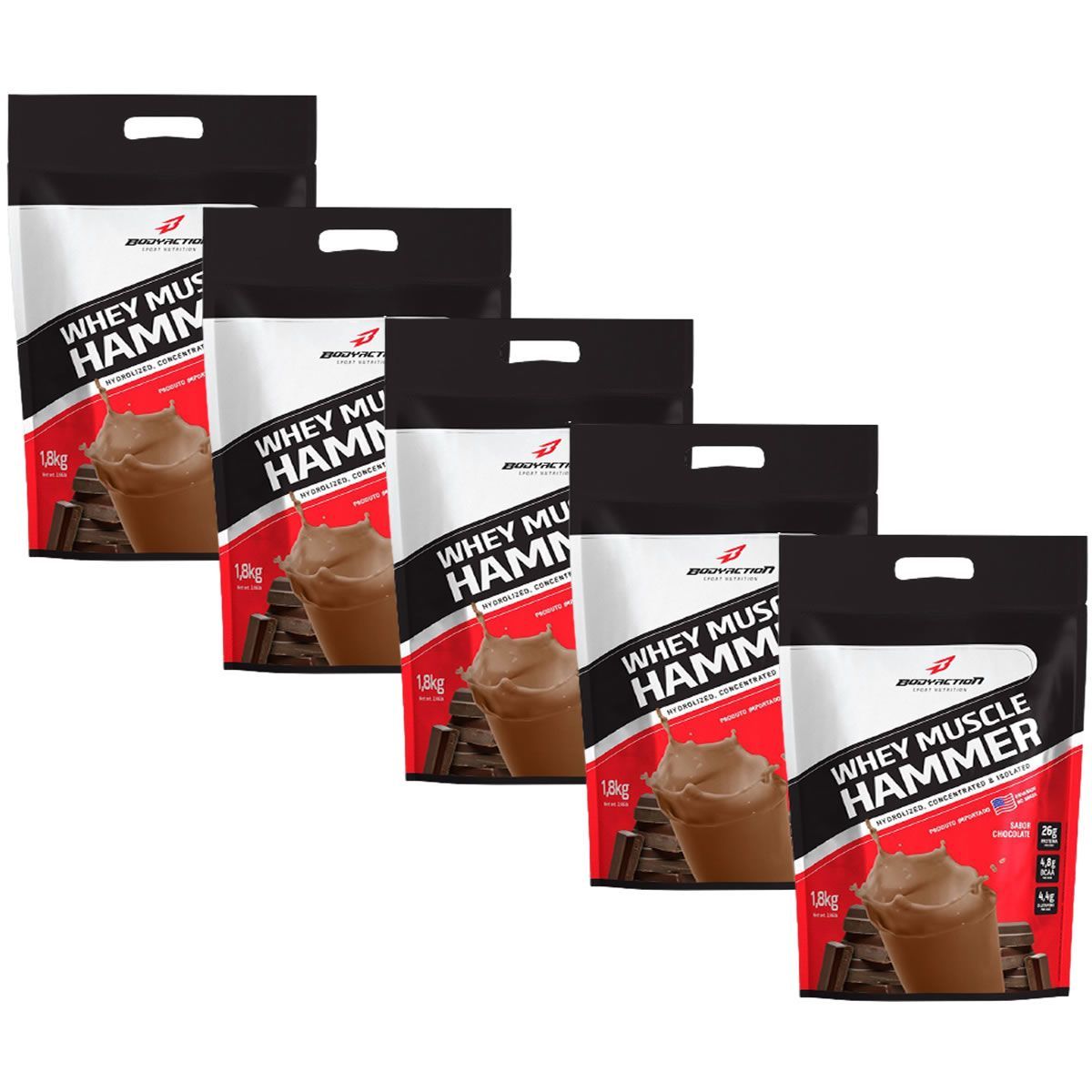 Kit 5X Whey Muscle Hammer - 1800g Chocolate - BodyAction
