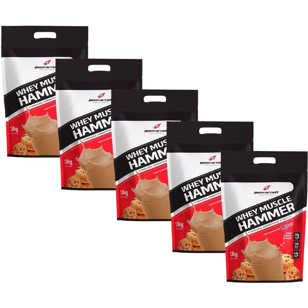 Kit 5X Whey Muscle Hammer - 1800g Cookies e Cream - BodyAction
