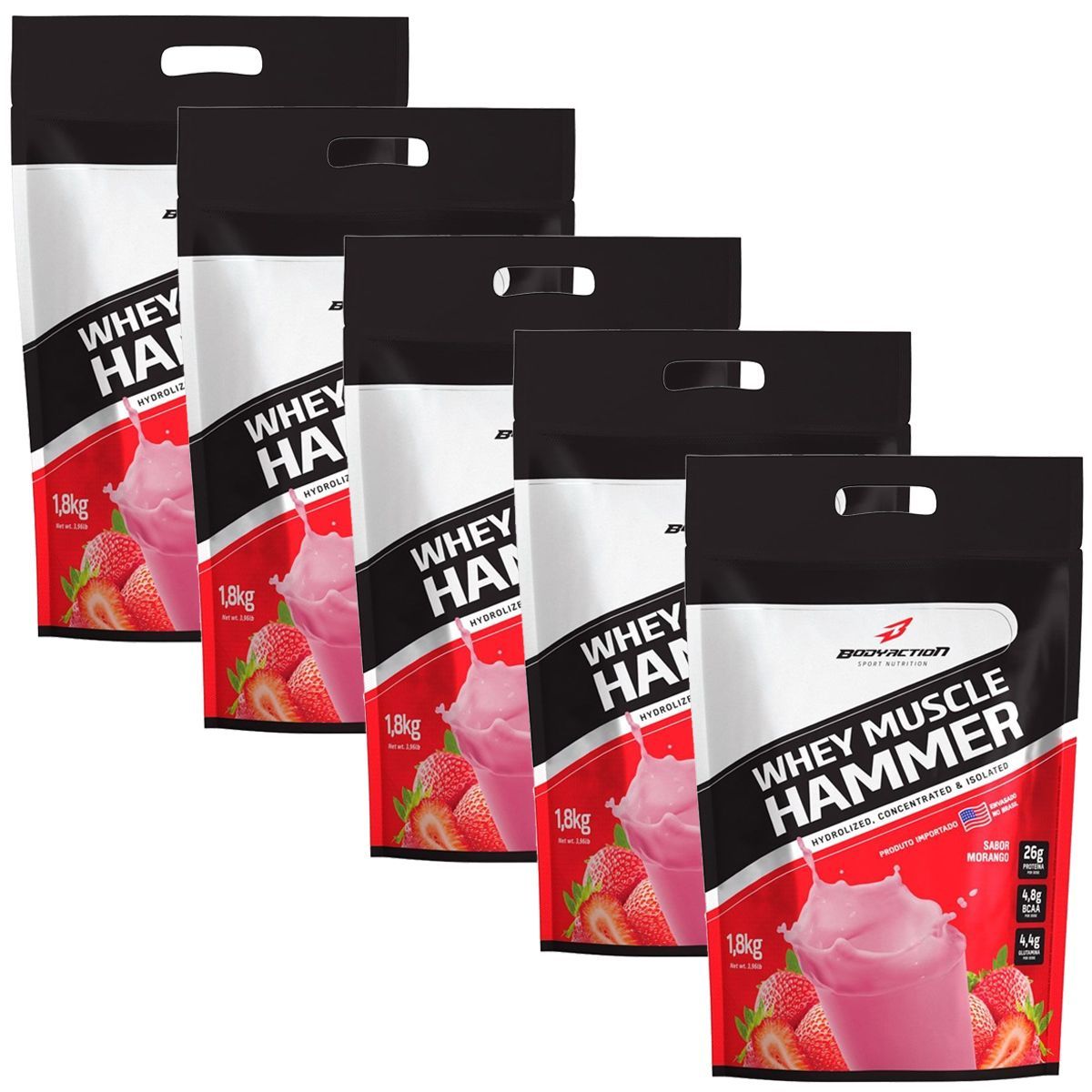 Kit 5X Whey Muscle Hammer - 1800g Morango - BodyAction