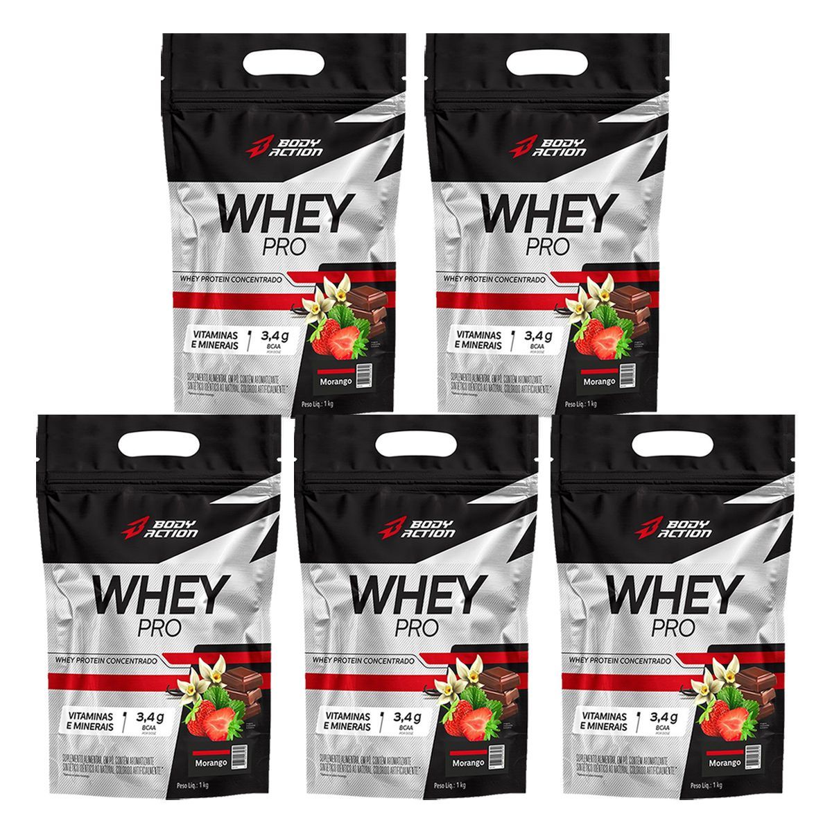 Kit 5X Whey Pro - 1000g Refil Morango - BodyAction