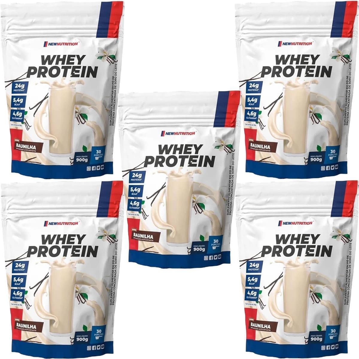 Kit 5X Whey Protein - 900g Refil Baunilha - NewNutrition