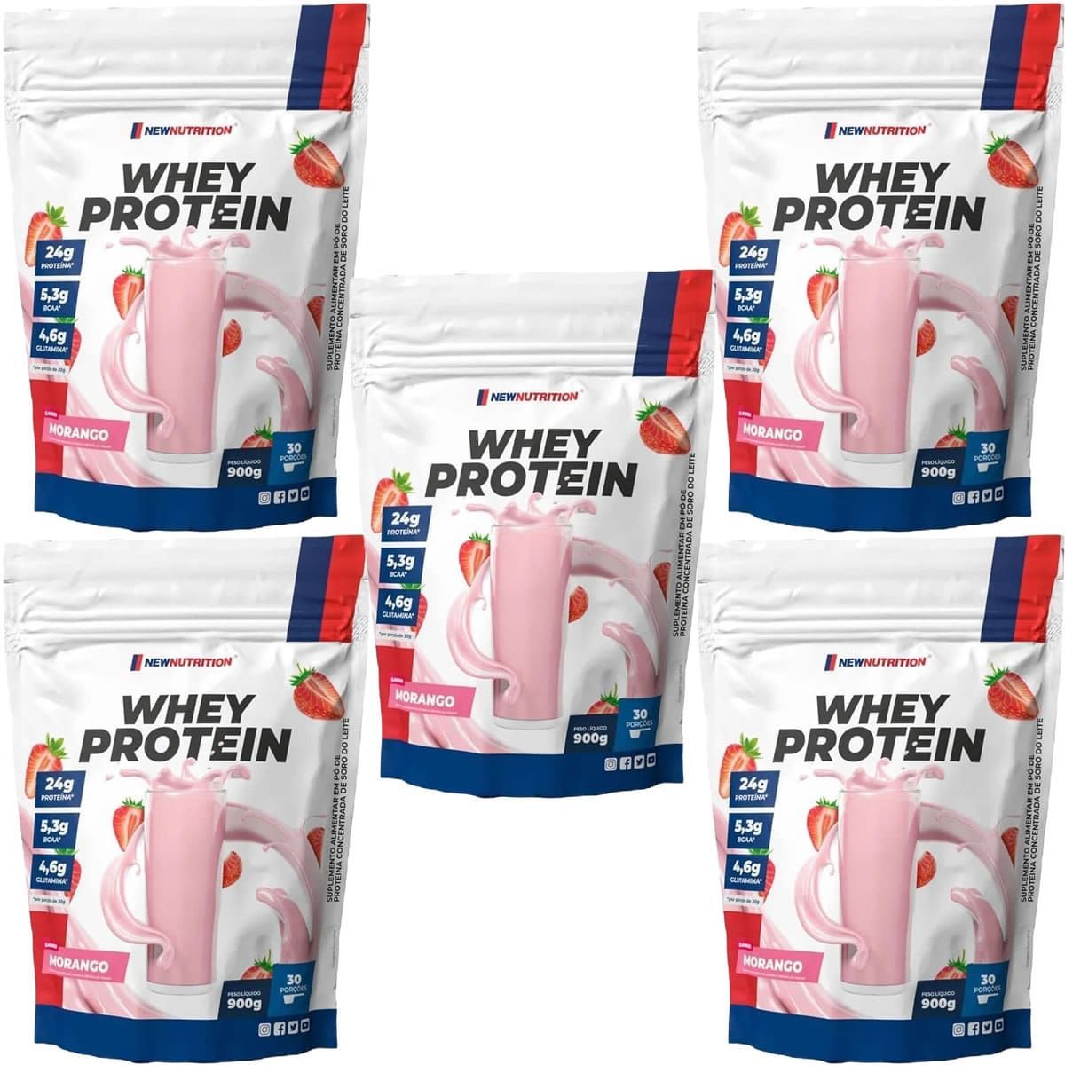 Kit 5X Whey Protein - 900g Refil Morango -NewNutrition