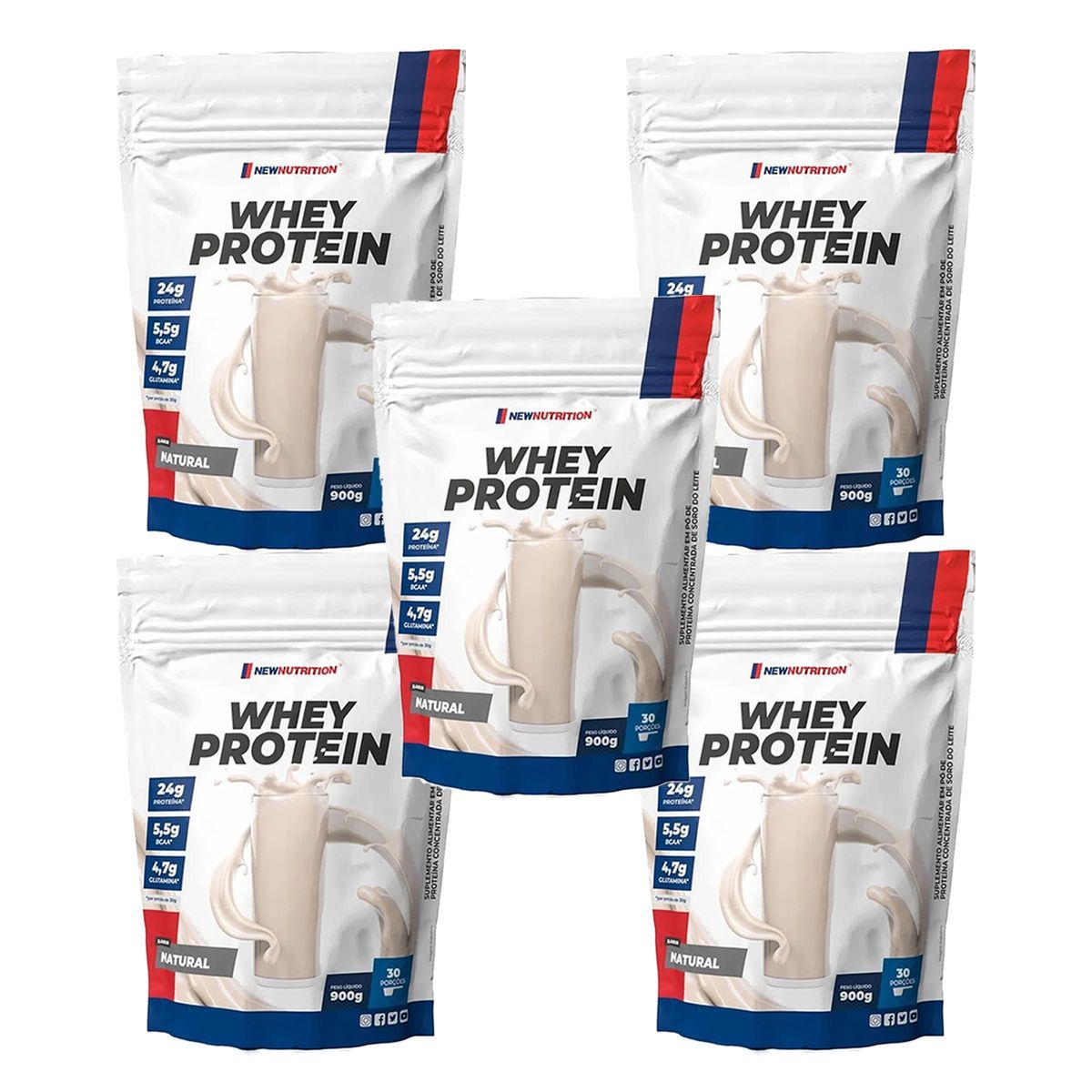 Kit 5X Whey Protein - 900g Refil Natural - NewNutrition