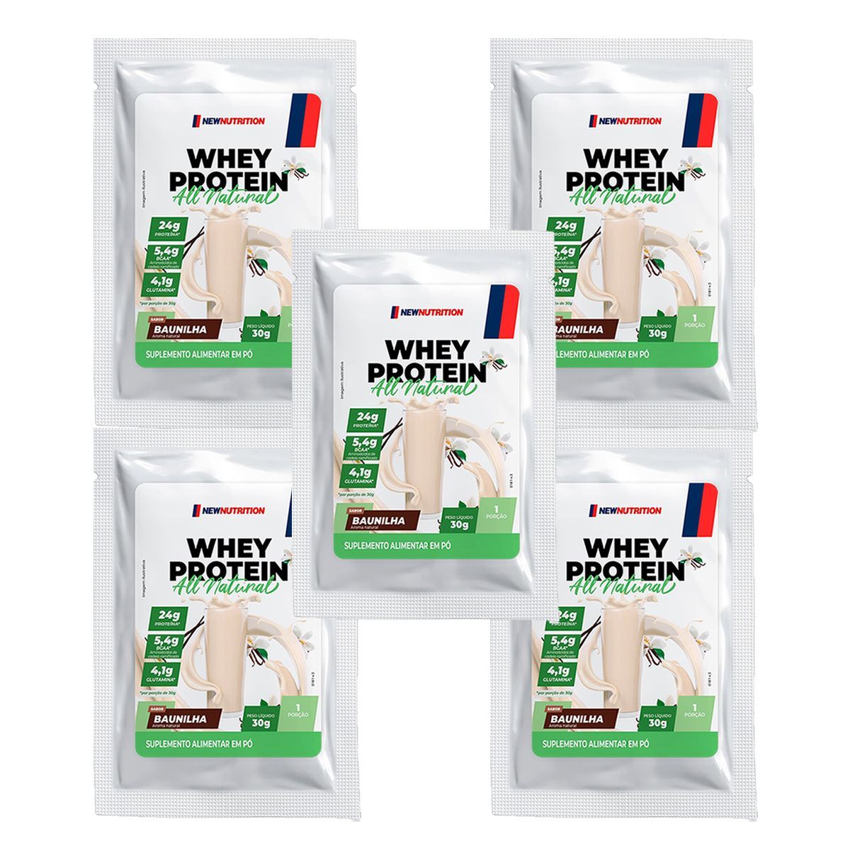 Kit 5X Whey Protein All Natural - 1 Sach� 30g Baunilha - NewNutrition