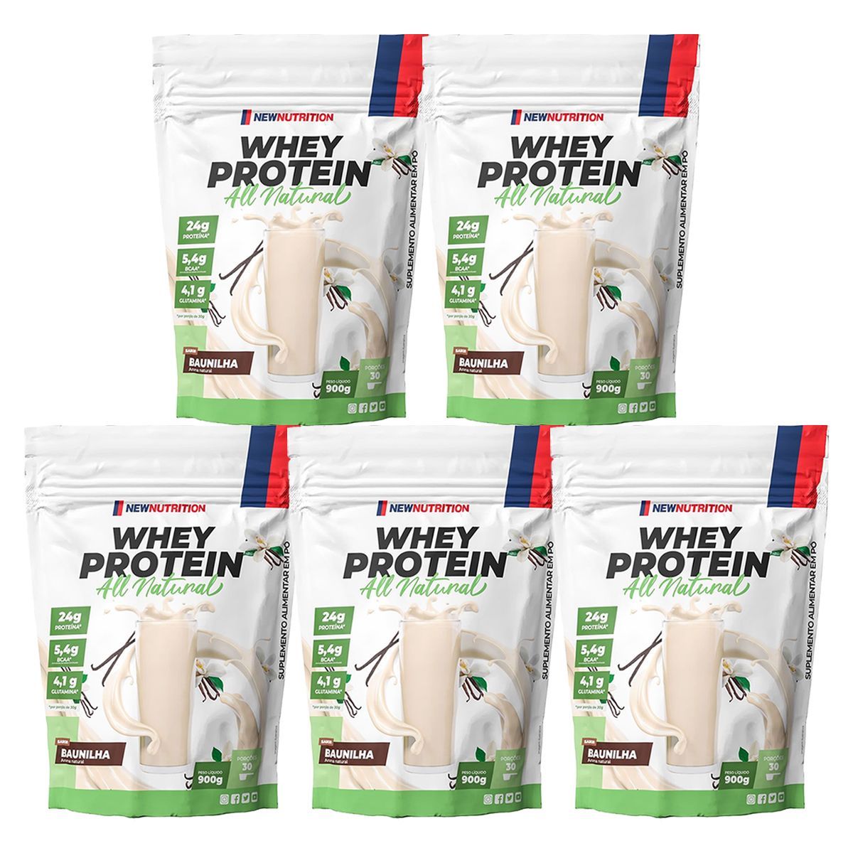 Kit 5X Whey Protein All Natural - 900g Refil Baunilha - NewNutrition