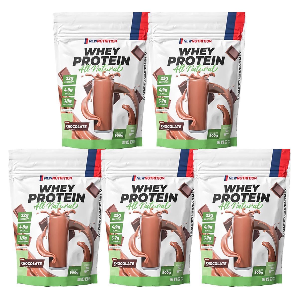 Kit 5X Whey Protein All Natural - 900g Refil Chocolate - NewNutrition