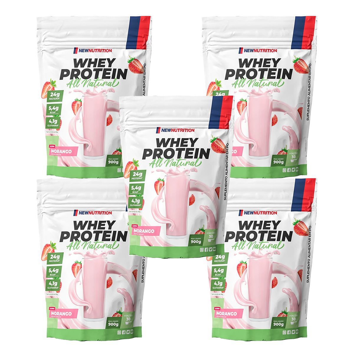 Kit 5X Whey Protein All Natural - 900g Refil Morango - NewNutrition