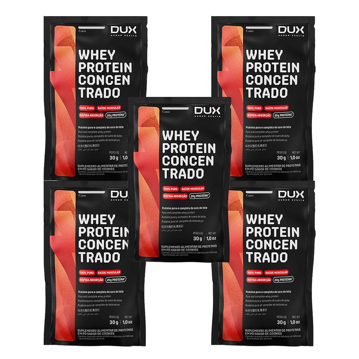 Kit 5X Whey Protein Concentrado - 1 Sach� 28g Coco - Dux Nutrition