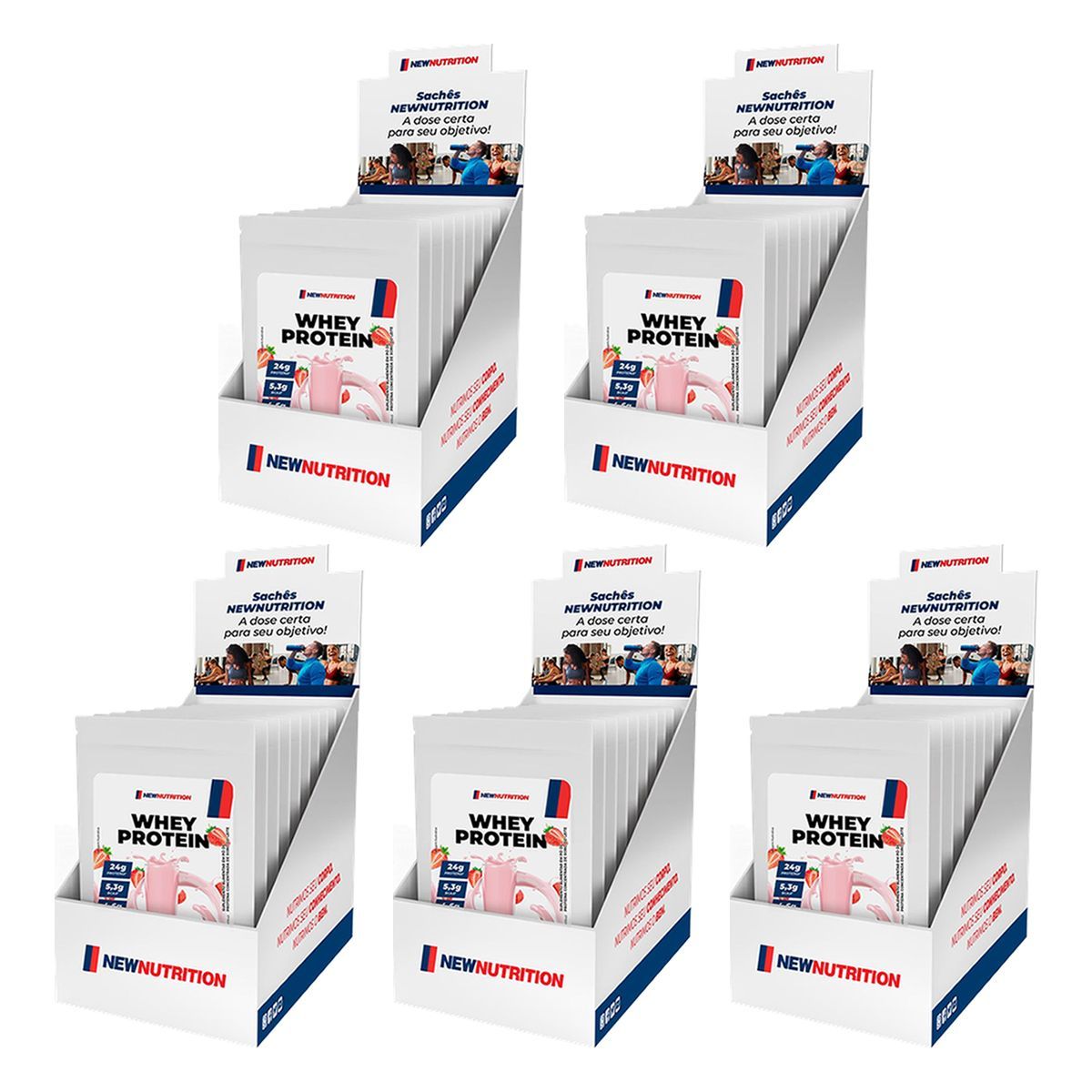 Kit 5X Whey Protein Concentrado - 10 Sach�s 30g Morango - NewNutrition