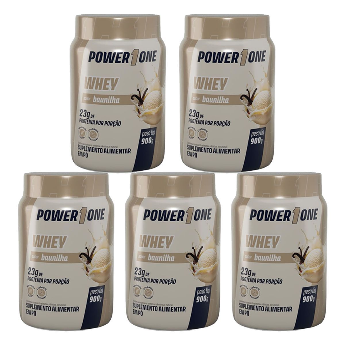 Kit 5X Whey Protein Concentrado 100% - 900g Baunilha - Power1One
