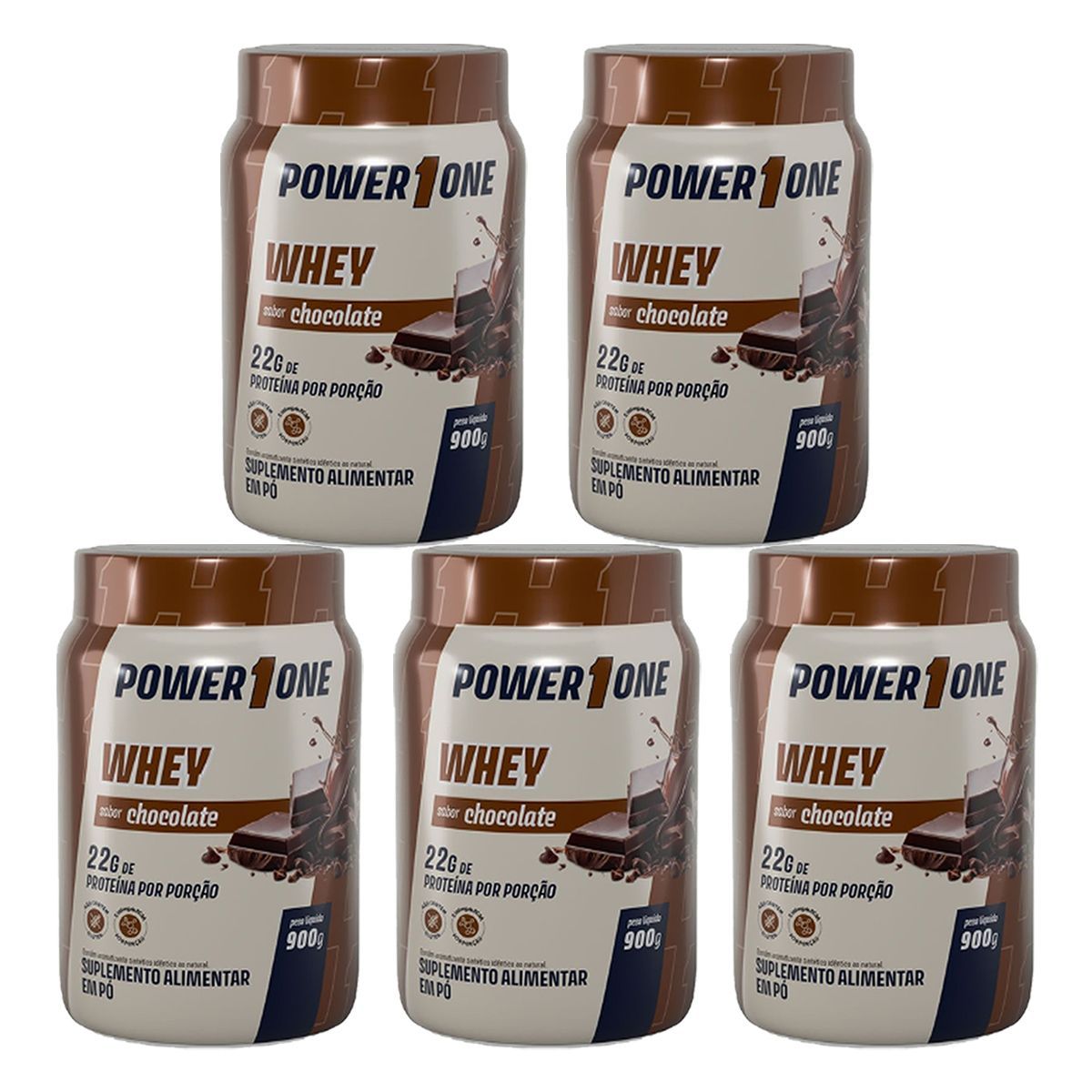 Kit 5X Whey Protein Concentrado 100% - 900g Chocolate - Power1One