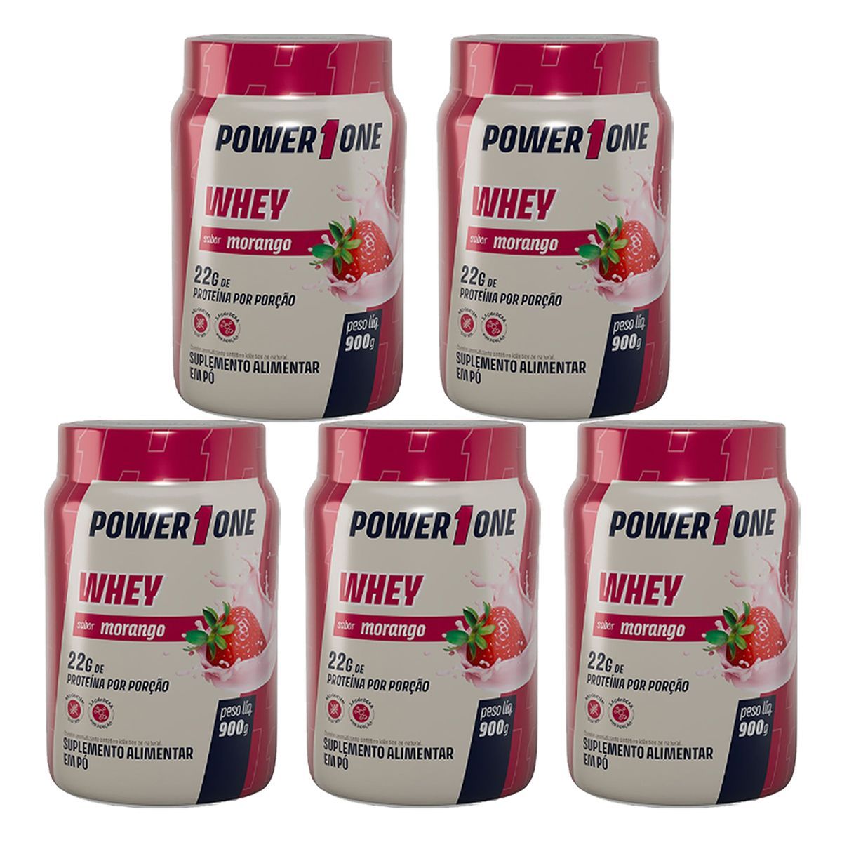 Kit 5X Whey Protein Concentrado 100% - 900g Morango - Power1One