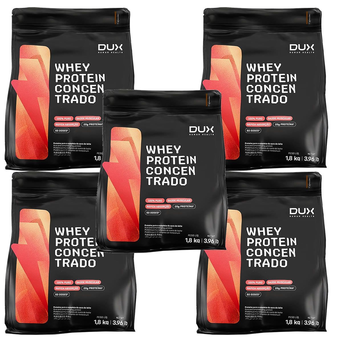 Kit 5X Whey Protein Concentrado - 1800g Refil Cappuccino - Dux Nutrition