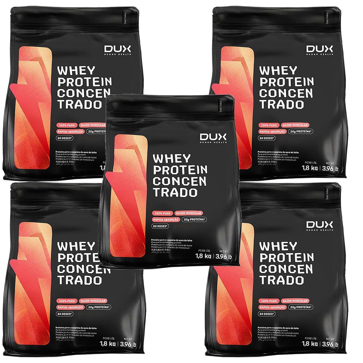 Kit 5X Whey Protein Concentrado - 1800g Refil Sem Sabor - Dux Nutrition