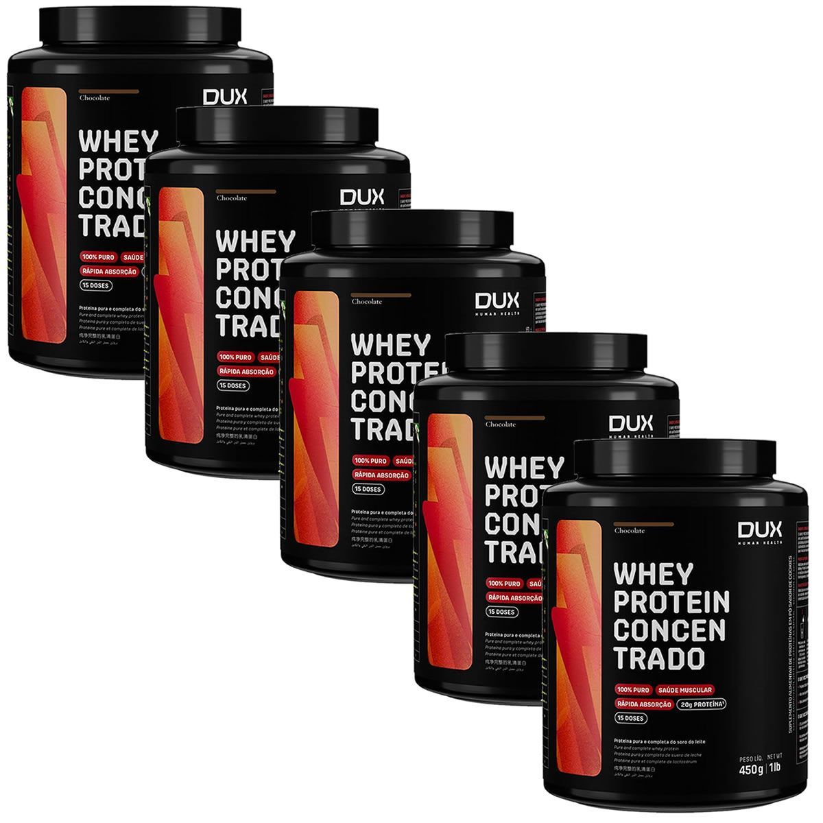 Kit 5X Whey Protein Concentrado - 450g Chocolate - Dux Nutrition