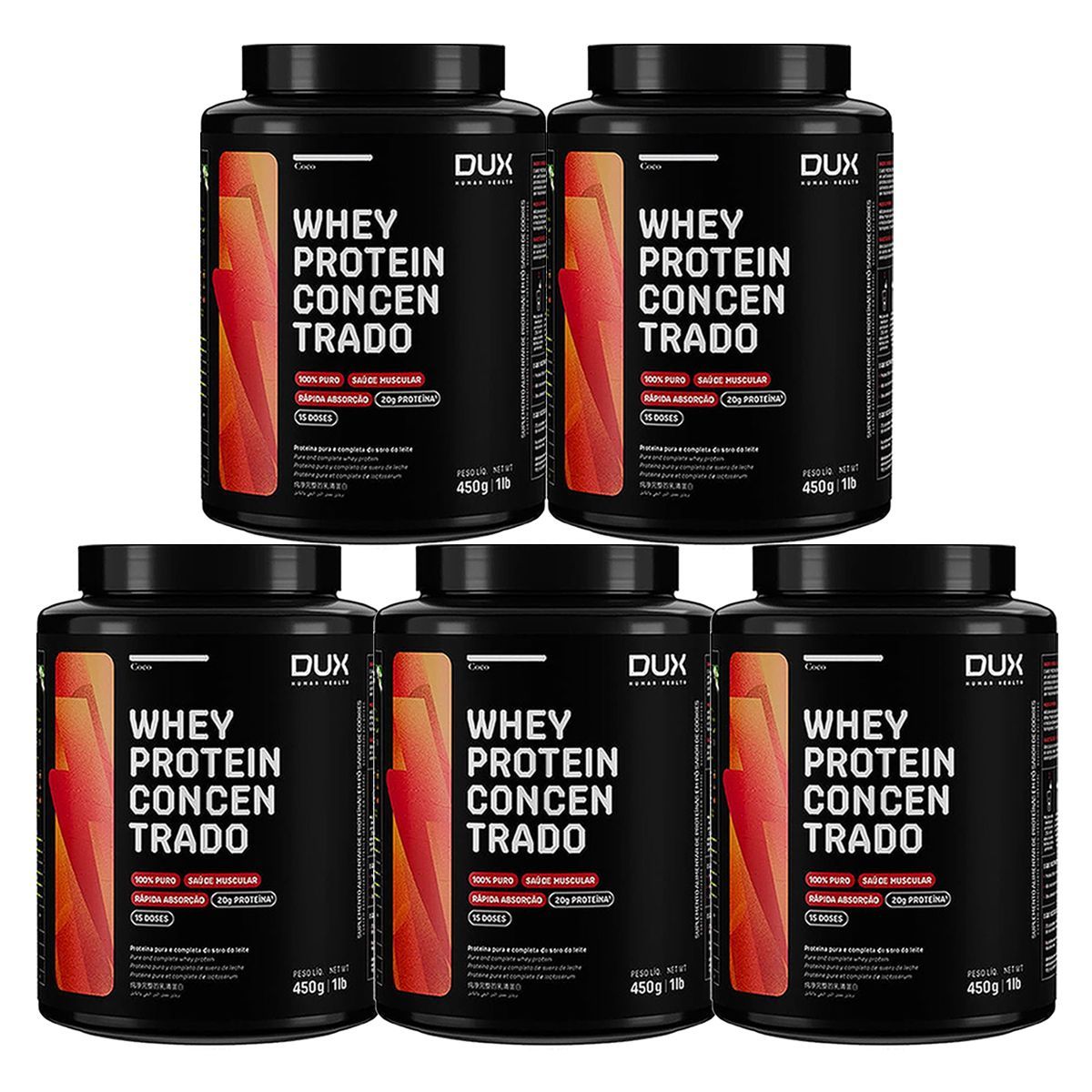 Kit 5X Whey Protein Concentrado - 450g Coco - Dux Nutrition