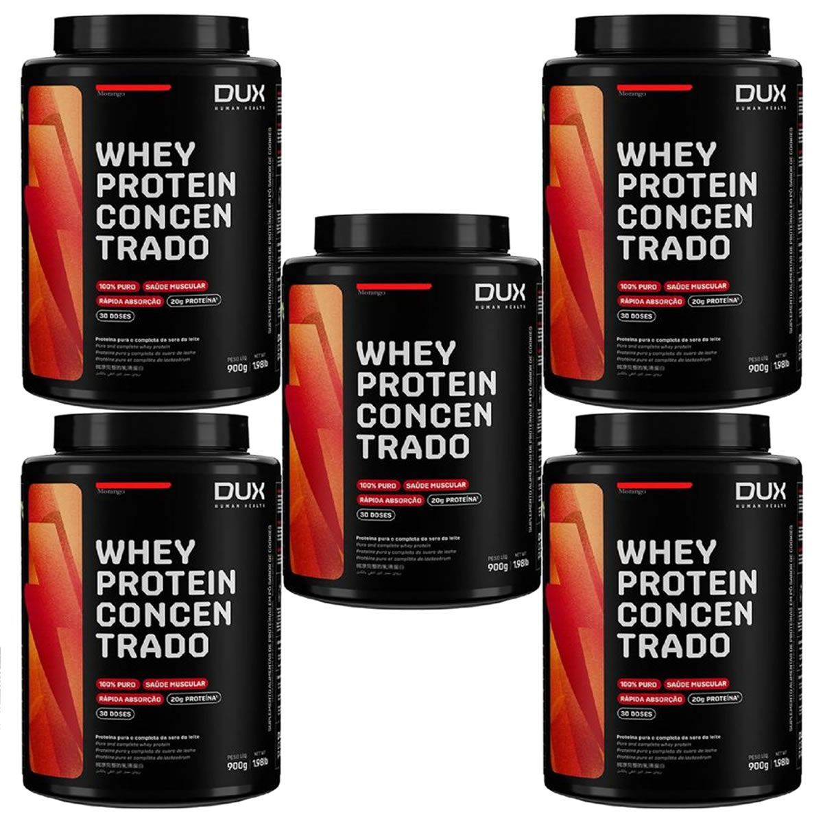 Kit 5X Whey Protein Concentrado - 900g Morango - Dux Nutrition