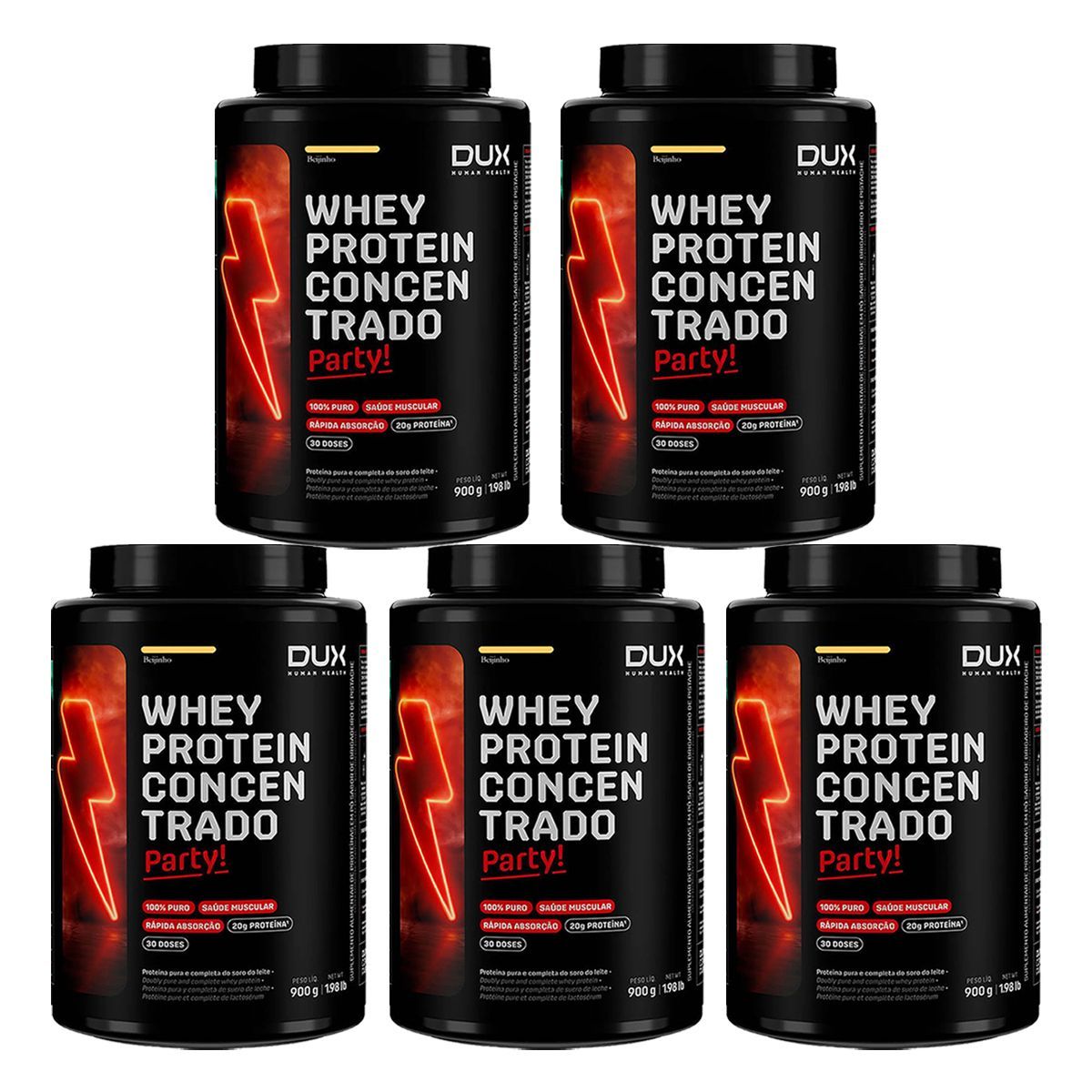 Kit 5X Whey Protein Concentrado Party - 900g Beijinho - Dux Human Health