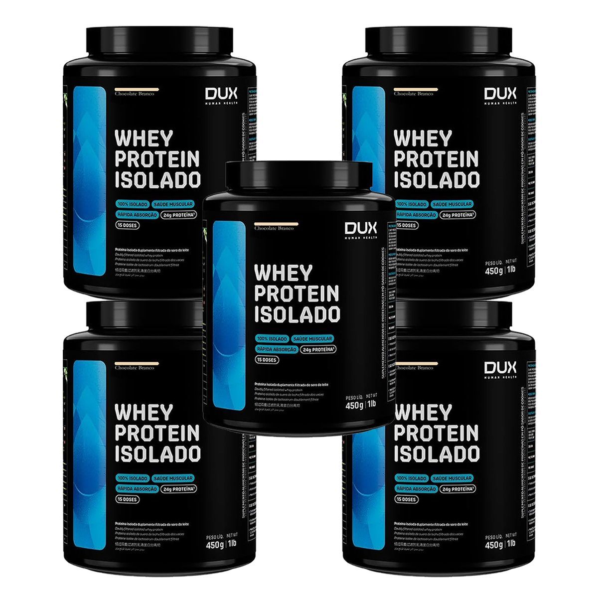 Kit 5X Whey Protein Isolado - 450g Chocolate Branco - Dux Nutrition