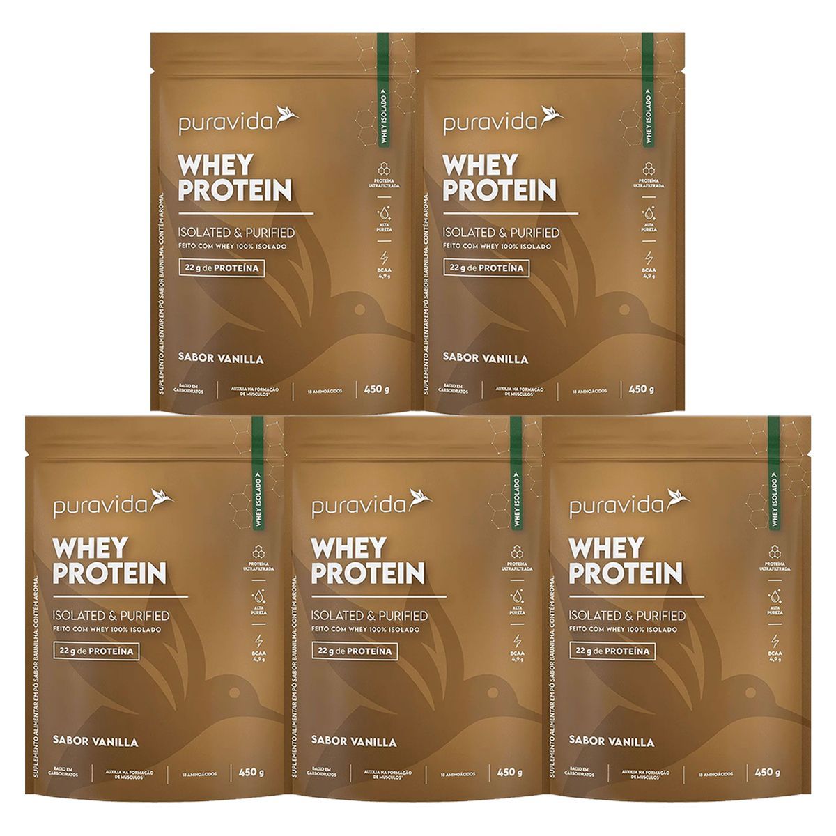 Kit 5X Whey Protein Isolado � 450g Refil Vanilla � Pura Vida