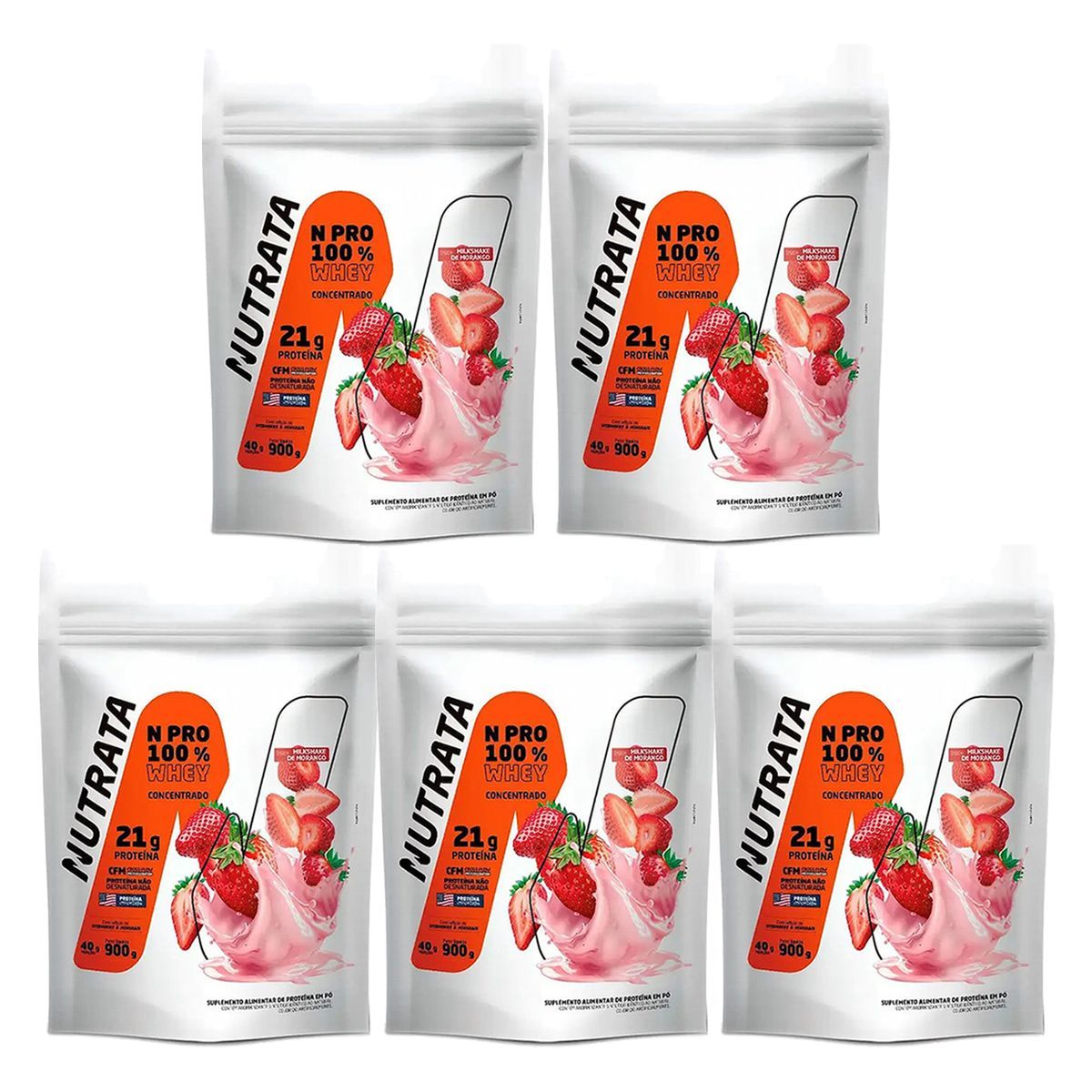 Kit 5X Whey Protein Npro - 900g Refil Morango - Nutrata