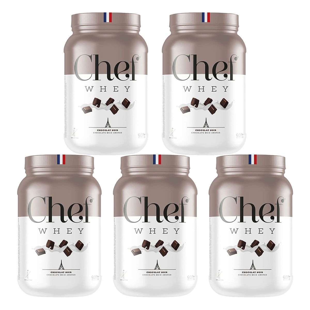 Kit 5X Whey Protein Sem Lactose - 907g Chocolate Meio Amargo - Chef Whey