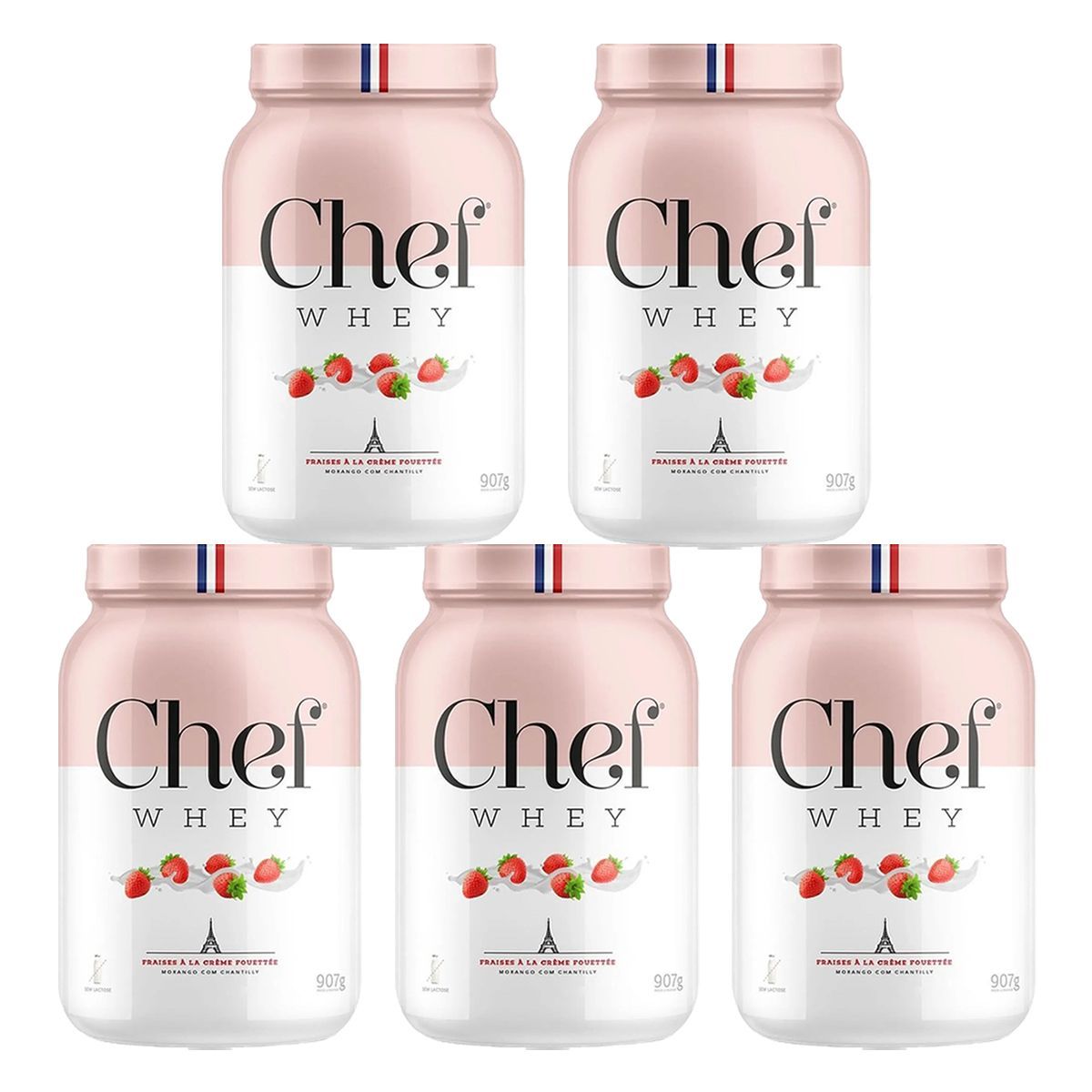 Kit 5X Whey Protein Sem Lactose - 907g Morango com Chantily - Chef Whey