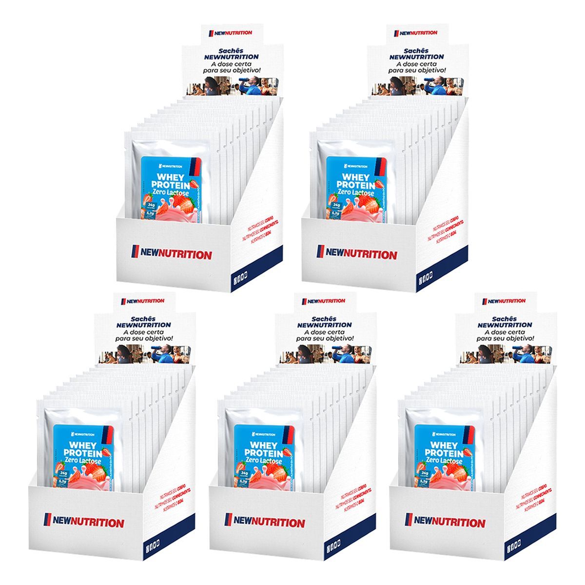 Kit 5X Whey Protein Zero Lactose - 10 Sach�s 30g Morango - Newnutrition