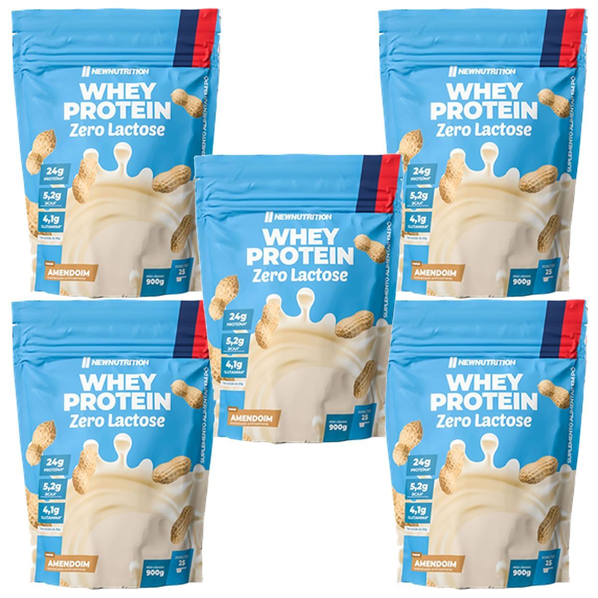 Kit 5X Whey Protein Zero Lactose - 900g Refil Amendoim - NewNutrition