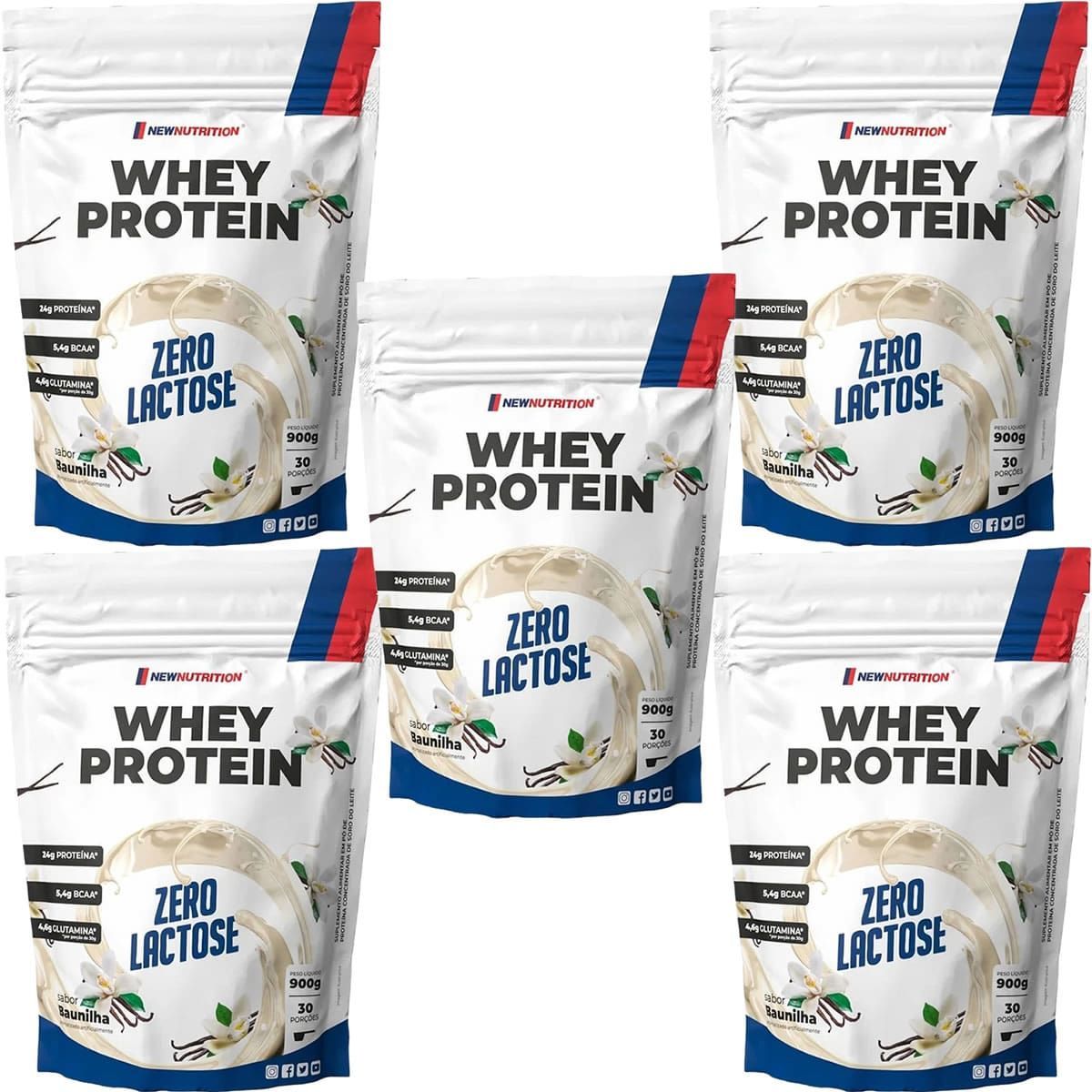 Kit 5X Whey Protein Zero Lactose - 900g Refil Baunilha - NewNutrition