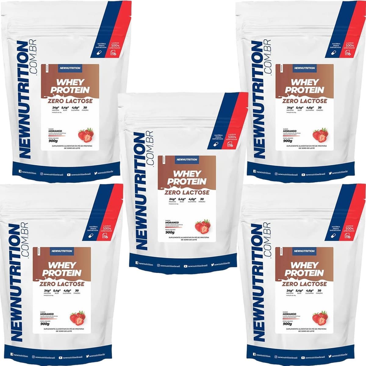 Kit 5X Whey Protein Zero Lactose - 900g Refil Morango - NewNutrition
