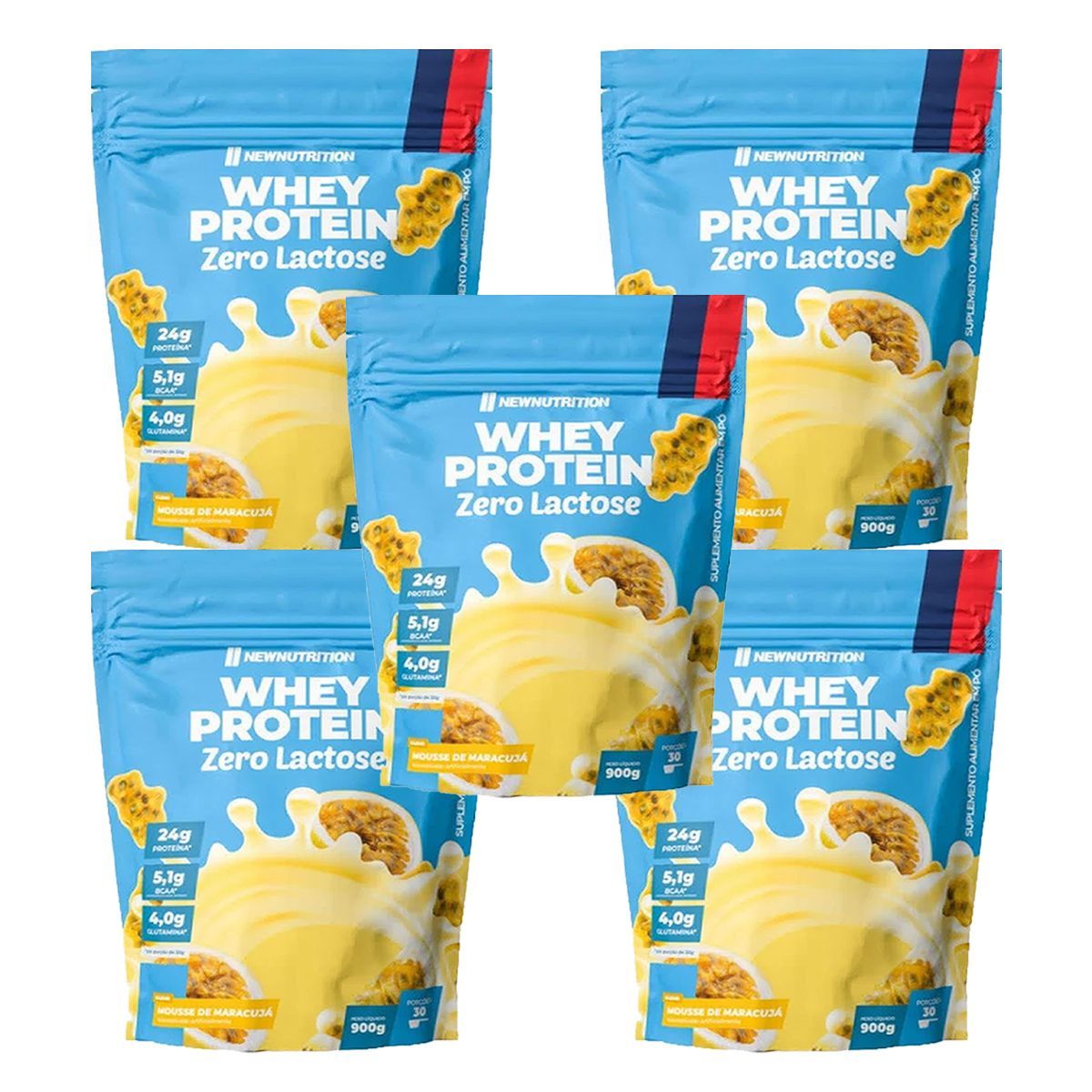 Kit 5X Whey Protein Zero Lactose - 900g Refil Mousse de Maracuja - NewNutrition