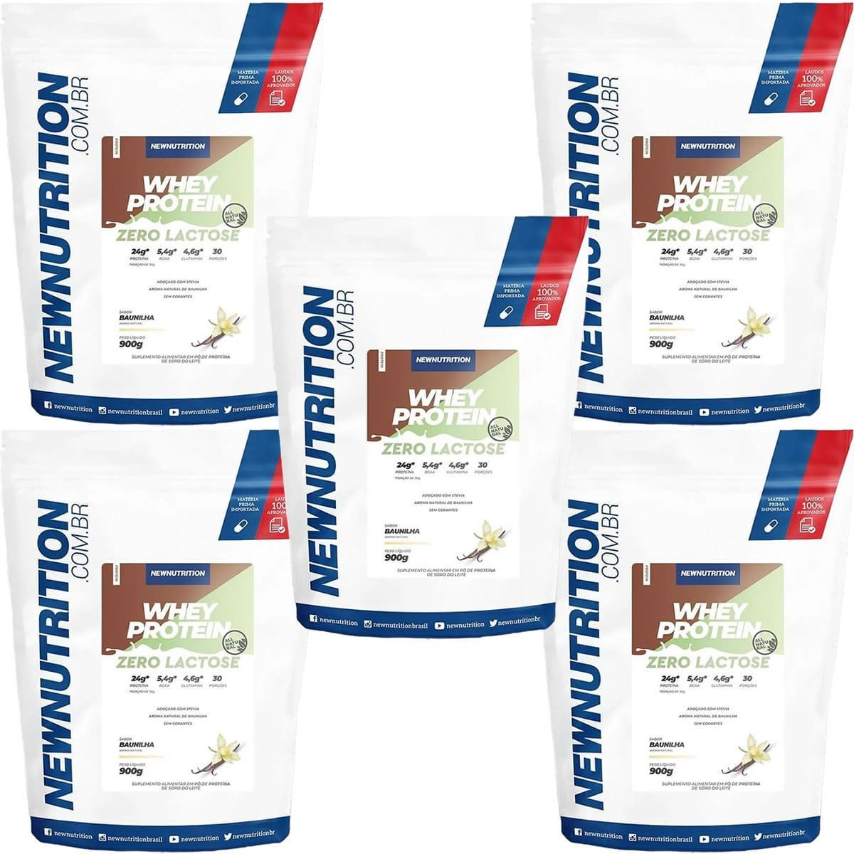Kit 5X Whey Protein Zero Lactose All Natural - 900g Refil Baunilha - NewNutrition