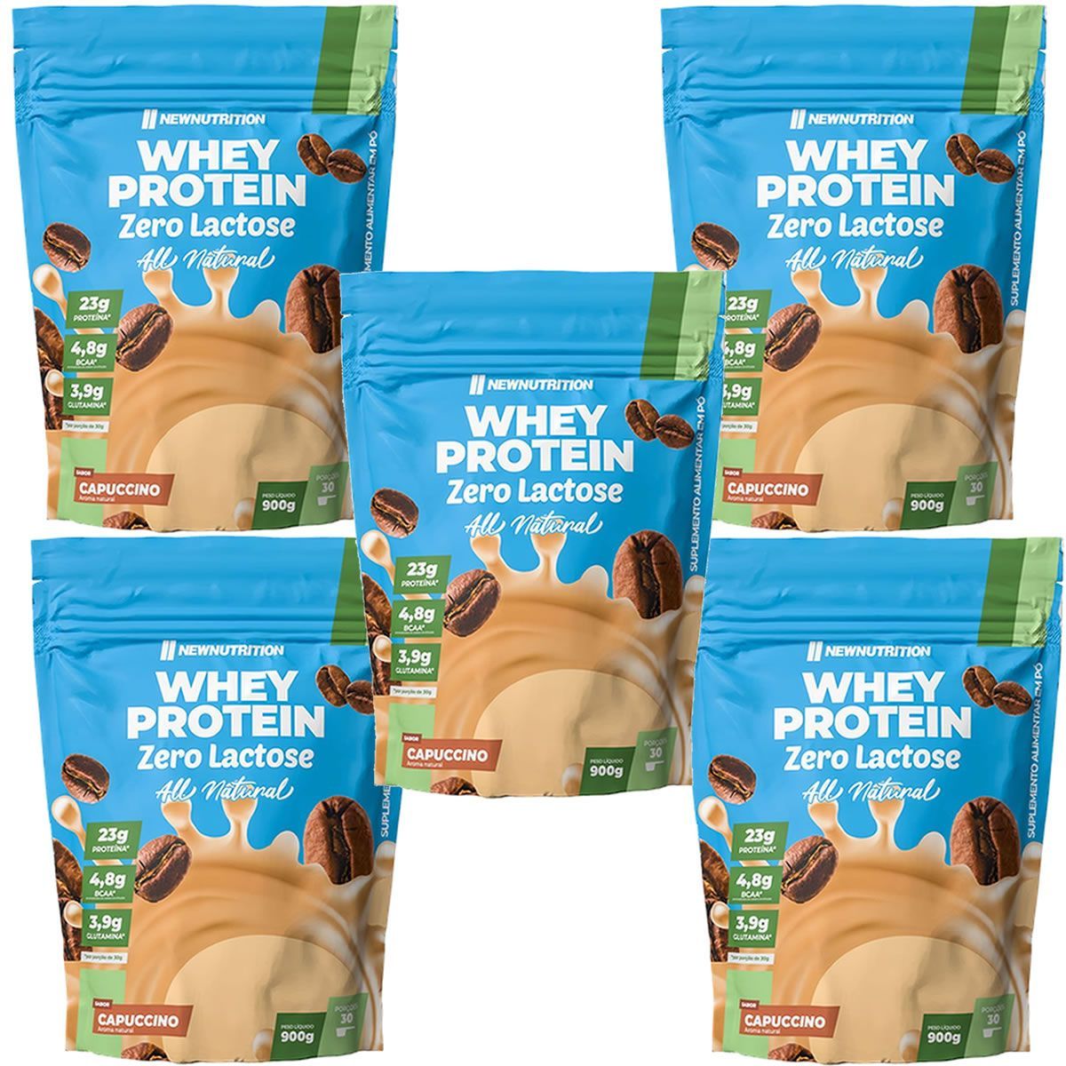 Kit 5X Whey Protein Zero Lactose All Natural - 900g Refil Cappuccino - NewNutrition
