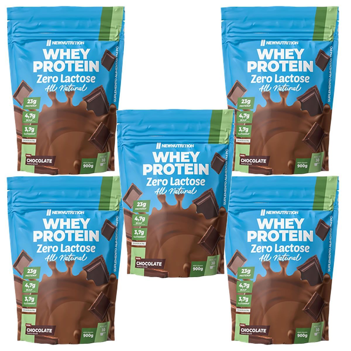 Kit 5X Whey Protein Zero Lactose All Natural - 900g Refil Chocolate - NewNutrition