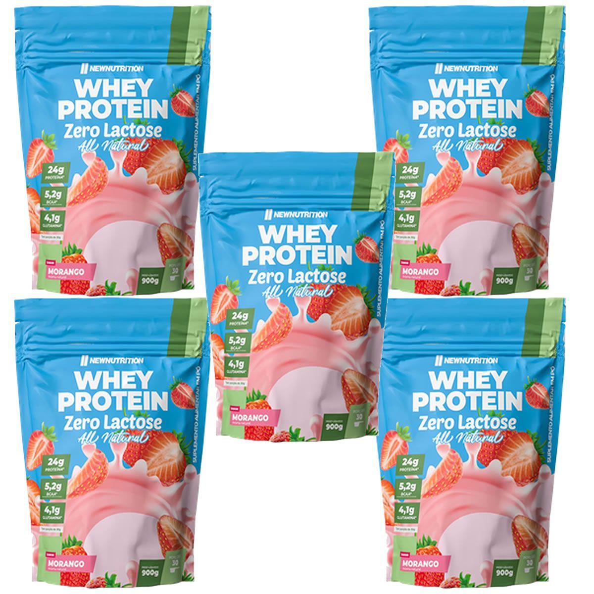 Kit 5X Whey Protein Zero Lactose All Natural - 900g Refil Morango - NewNutrition
