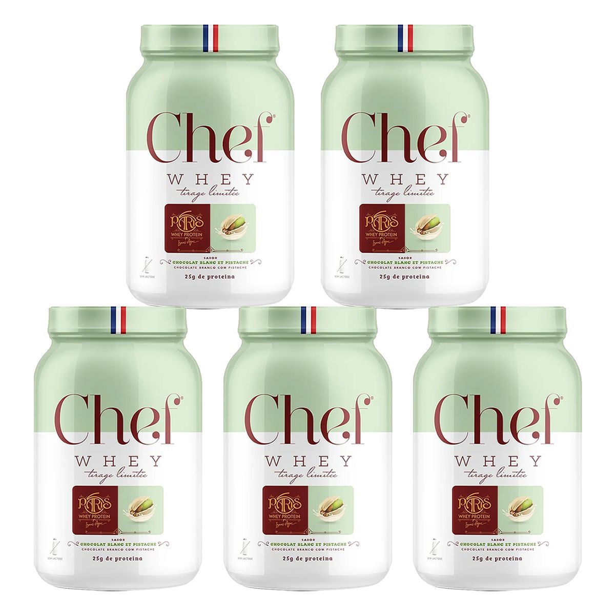 Kit 5X Whey Protiein Paris 6 Sem Lactose - 800g Chocolate Branco com Pistache - Chef Whey