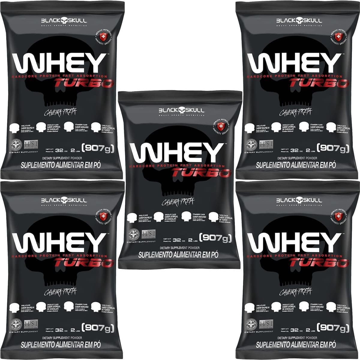 Kit 5X Whey Turbo - 907g Refil Baunilha - Black Skull