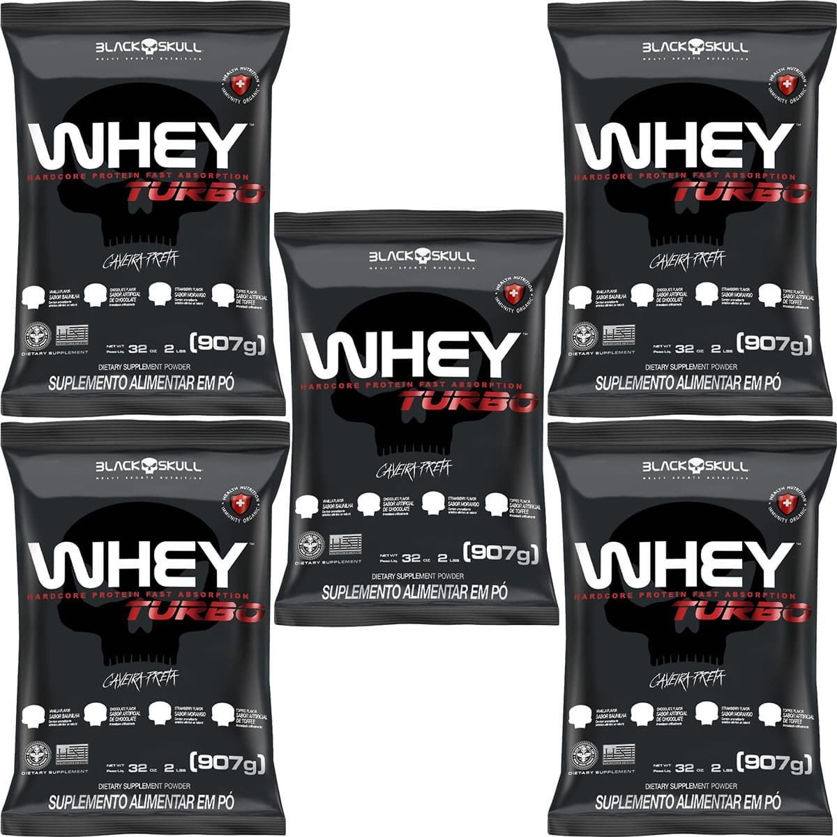 Kit 5X Whey Turbo - 907g Refil Morango - Black Skull