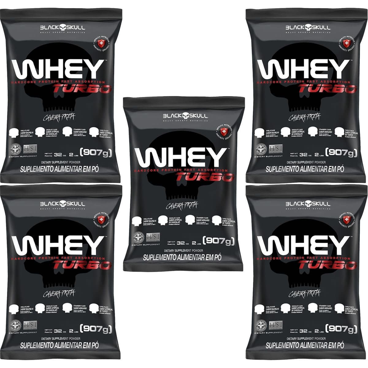 Kit 5X Whey Turbo - 907g Refil Toffee - Black Skull