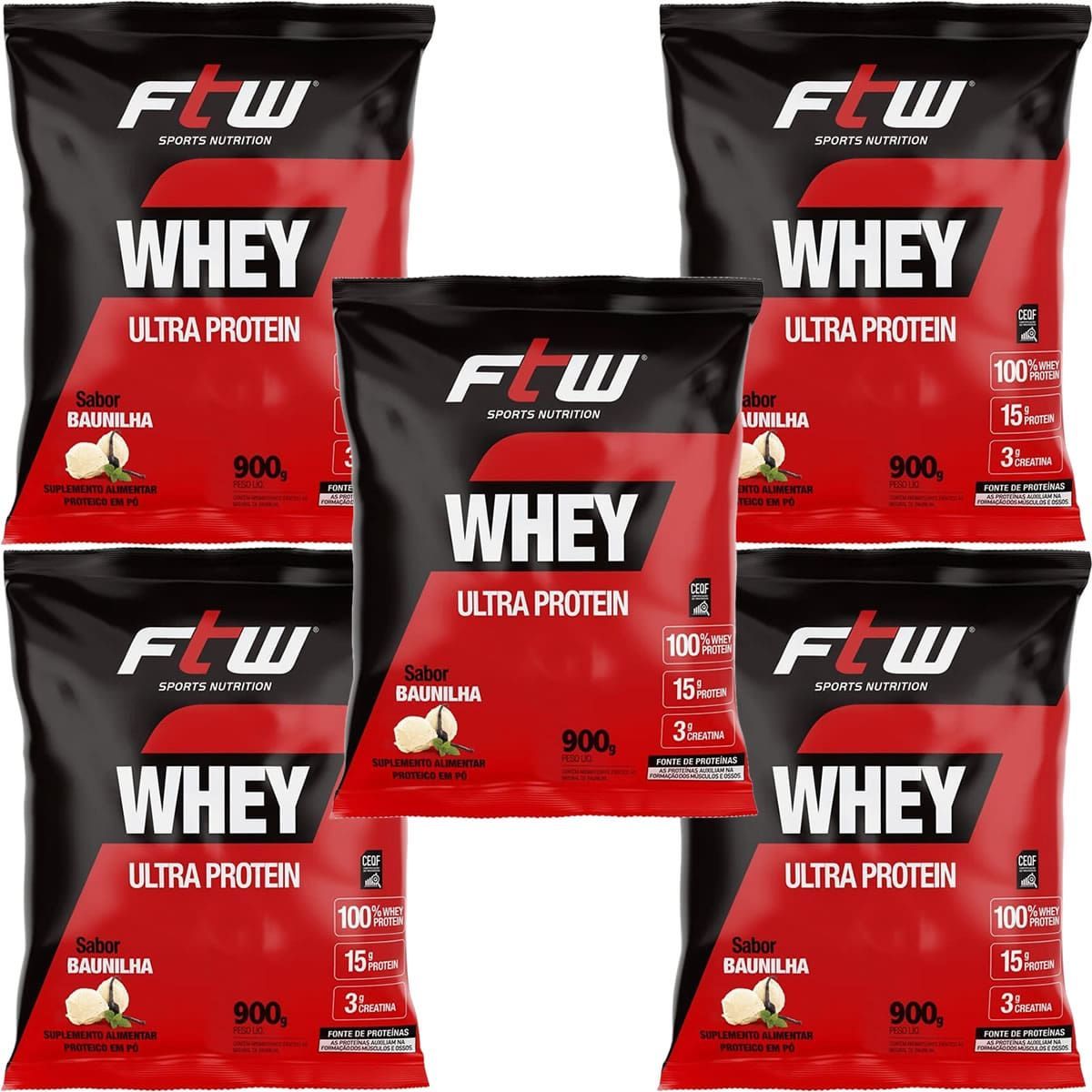 Kit 5X Whey Ultra Protein - 900g Refil Baunilha - FTW