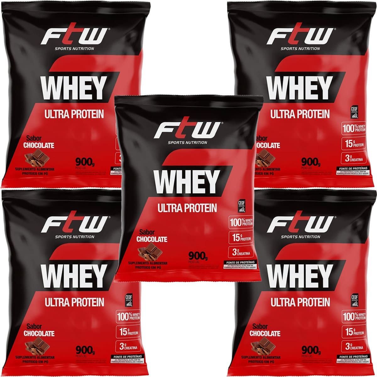 Kit 5X Whey Ultra Protein - 900g Refil Chocolate - FTW