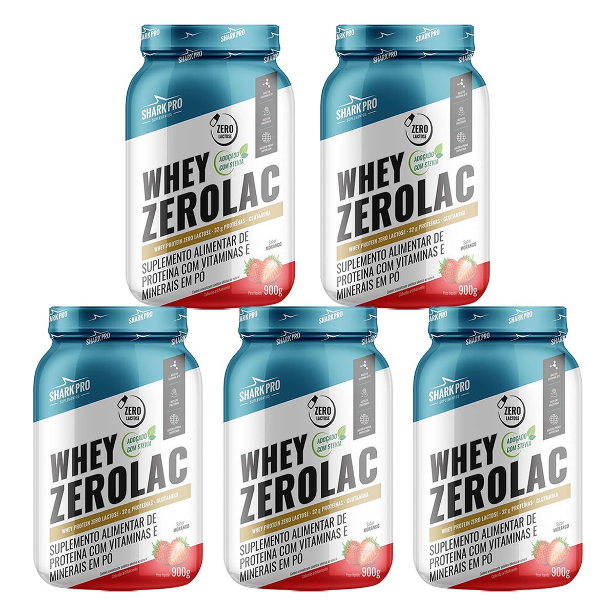 Kit 5X Whey ZeroLac - 900g Morango - Shark Pro