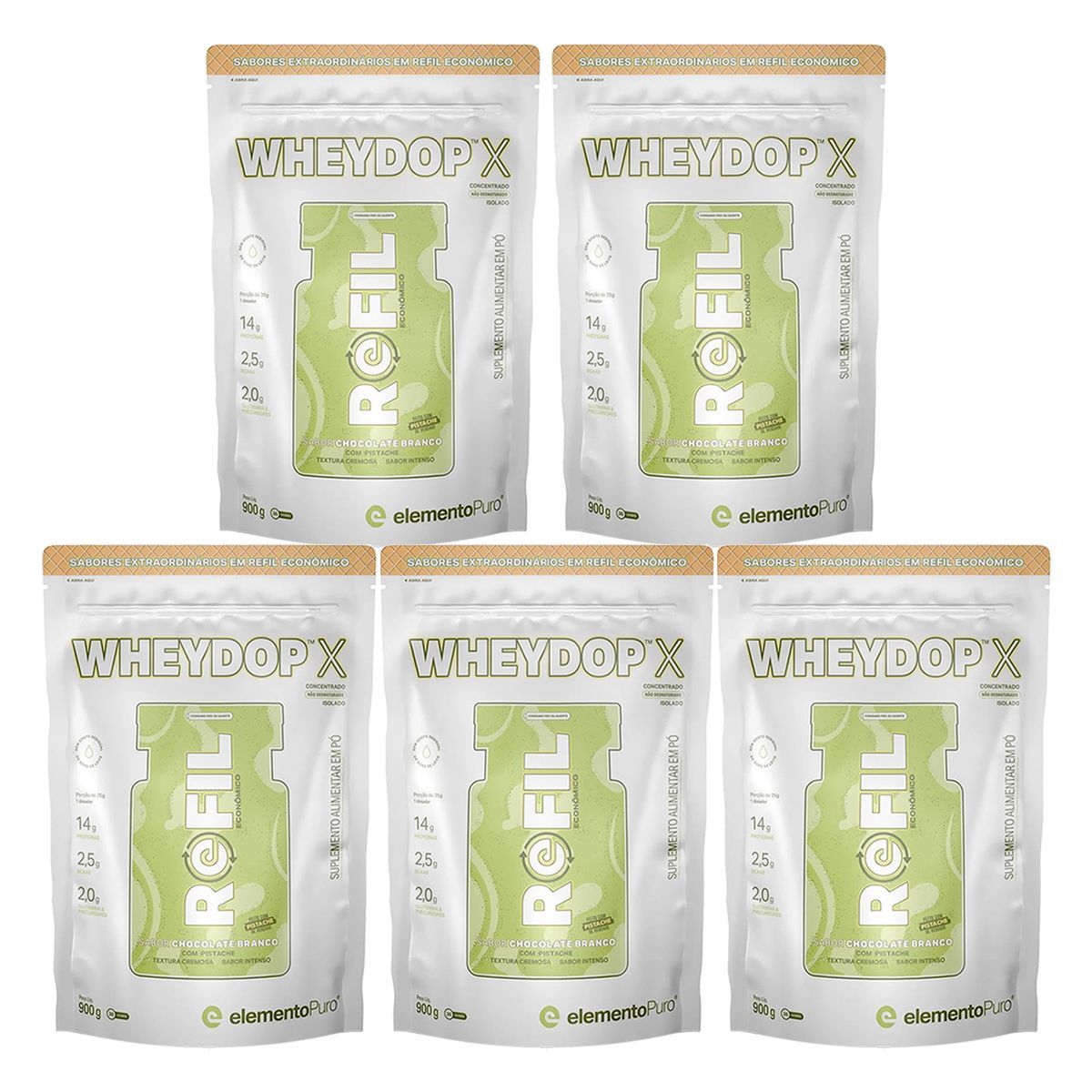 Kit 5X WheyDop X - 900g Refil chocolate Branco com Pistache - ElementoPuro