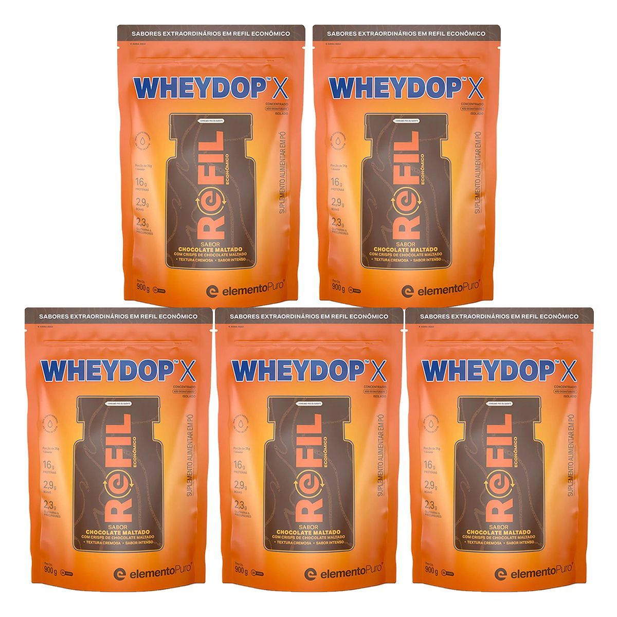 Kit 5X WheyDop X - 900g Refil Chocolate Maltado - ElementoPuro