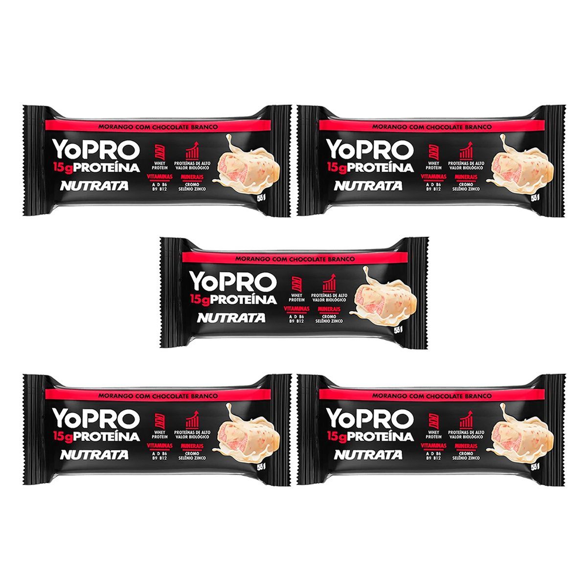 Kit 5X YoPRO - 1 Barra 55g Morango com Chocolate Branco - Nutrata