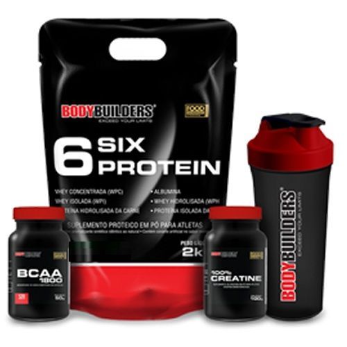 Kit 6 Six Protein 2000g Chocolate + BCAA 1800 - 120 Caps + Creatine 100g + Coqueteleira - BodyBuilders