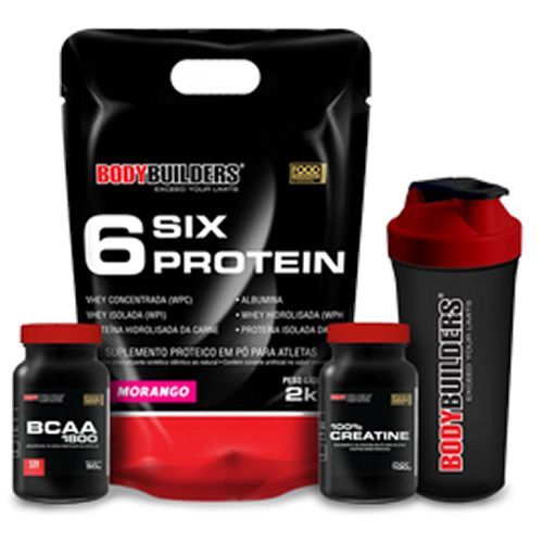 Kit 6 Six Protein 2000g Morango + BCAA 1800 - 120 Caps + Creatine 100g + Coqueteleira - BodyBuilders