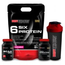 Kit 6 Six Protein 2000g Morango + BCAA 1800 - 120 Caps + Creatine 100g + Coqueteleira - BodyBuilders
